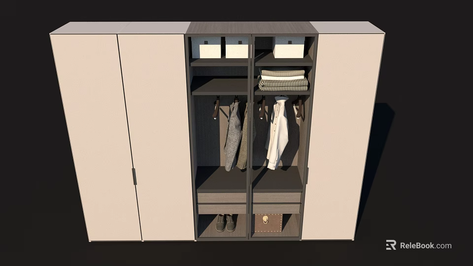 Modern Wardrobe Interior With Hanging Clothes Folded Sections Drawers Storage Boxes And Shoes 3d model 
