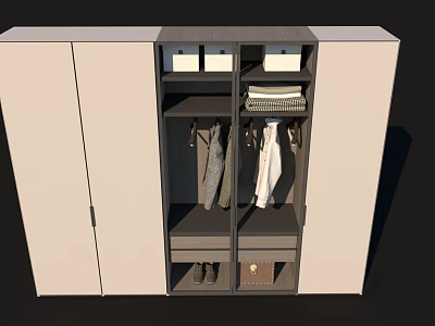 Modern Wardrobe Interior With Hanging Clothes Folded Sections Drawers Storage Boxes And Shoes 3d model