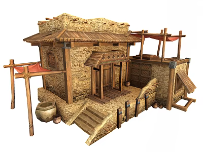 Traditional Adobe House With Wooden Structures Stone Steps And Clay Pot 3d model