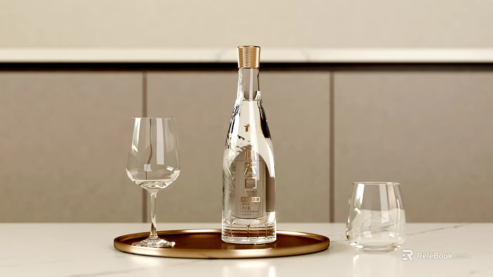 Elegant Transparent Wine Bottle with Gold Cap and Glasses on Gold Tray Over Light Countertop with Wall Panels 3d model 