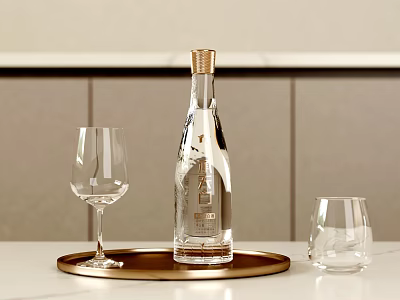 Elegant Transparent Wine Bottle with Gold Cap and Glasses on Gold Tray Over Light Countertop with Wall Panels 3d model