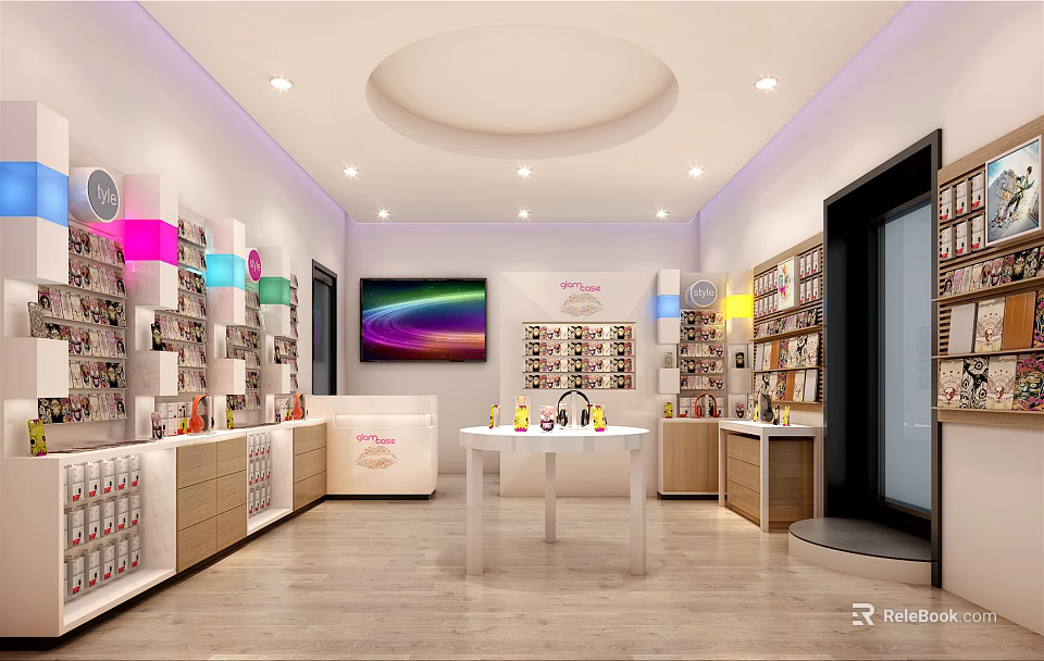 Bright Specialty Store Interior With Shelves Displayed Products And Decorative Lighting 3d model 
