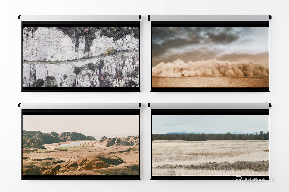 Landscape Paintings Featuring Rocky Cliffs Desert Mountains Lake And Grassland 3d model 