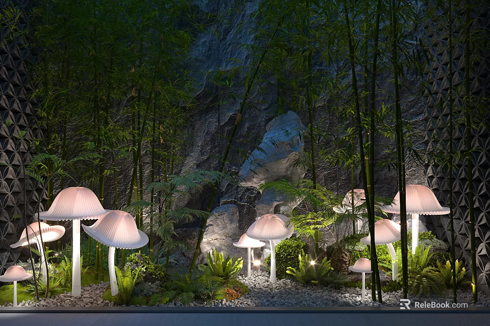 Mushroom Shaped Outdoor Lights Illuminating Garden With Bamboo Green Plants And Stones 3d model 