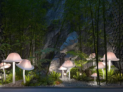 Mushroom Shaped Outdoor Lights Illuminating Garden With Bamboo Green Plants And Stones 3d model