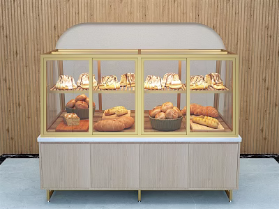 Glass Display Cabinet with Gold Frame and Wooden Base Showing Fresh Assorted Bakery Breads 3d model