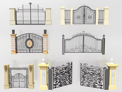 Ornate Wrought Iron Entry Gates With Decorative Pillars And Various Designs 3d model