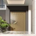 Black Security Door With Radiant Line Pattern Silver Handle Brown Wall And Green Plant