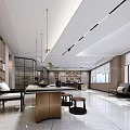 Modern Office Interior Design With Large Windows Long Pendant Lights Desk Chairs And Green Plants