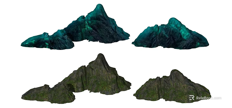 Garden Ornamental Rock Formations with Green and Dark Green Textures and Various Natural Shapes 3d model 