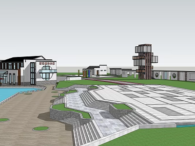 Modern Tourist Center With Scenic Plaza Swimming Pool Landscaped Steps And Green Lawn 3d model