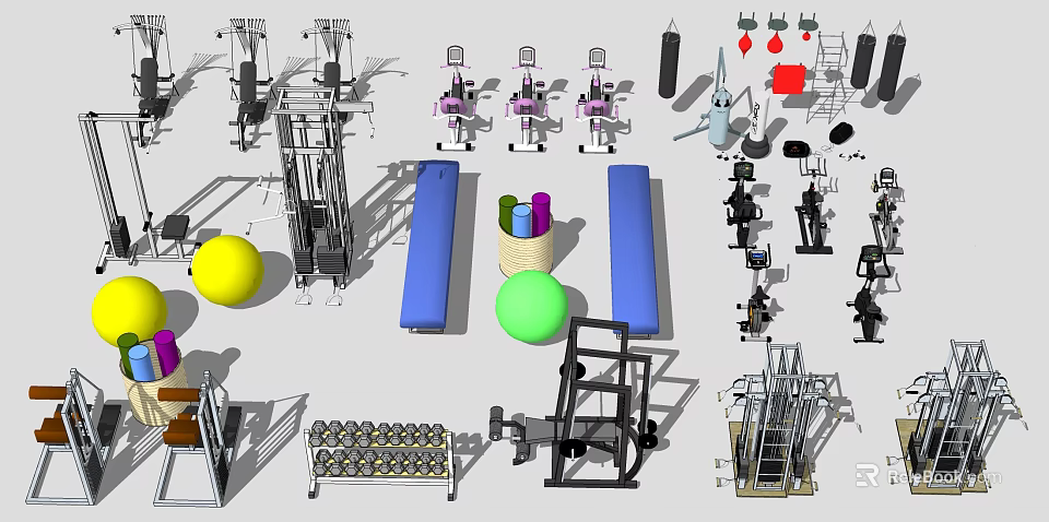 Various Sports Equipment Including Strength Training Machines Fitness Balls Dumbbells And Benches 3d model 