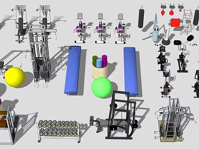 Various Sports Equipment Including Strength Training Machines Fitness Balls Dumbbells And Benches 3d model