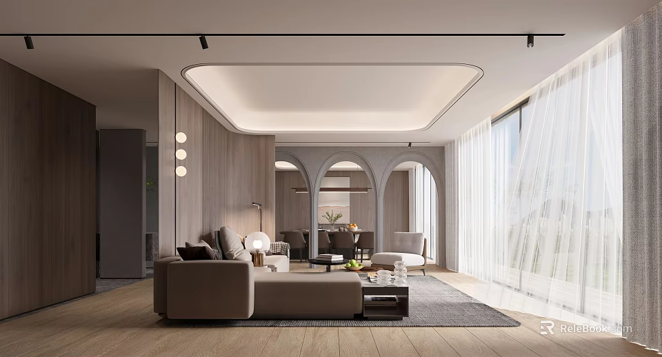 Modern Living Dining Room Interior Design With Beige Sofa Arched Doorways And Wooden Walls 3d model 