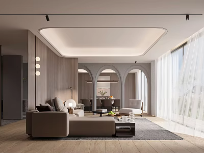 Modern Living Dining Room Interior Design With Beige Sofa Arched Doorways And Wooden Walls 3d model