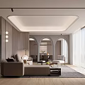 Modern Living Dining Room Interior Design With Beige Sofa Arched Doorways And Wooden Walls
