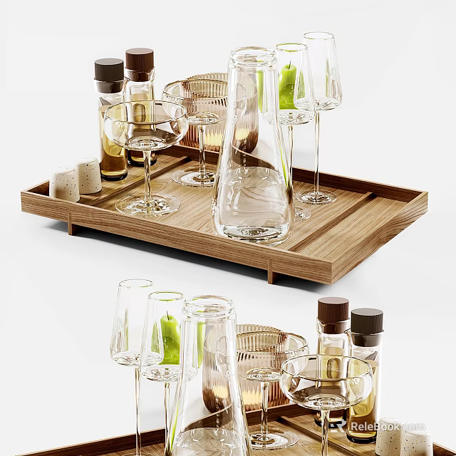Modern Glass Cups on Wooden Tray with Glass Bottles and Green Accents 3d model 