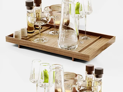 Modern Glass Cups on Wooden Tray with Glass Bottles and Green Accents 3d model