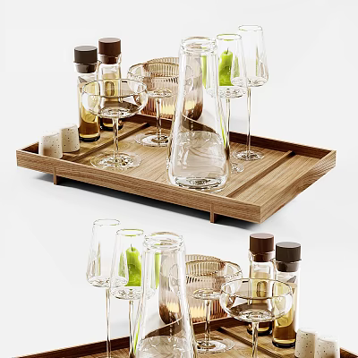 Modern Glass Cups on Wooden Tray with Glass Bottles and Green Accents 3d model