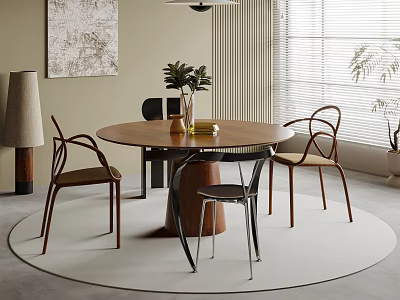 Modern Round Dining Table Set With Accent Chairs Vase Plants Window Blinds And Wall Art 3d model