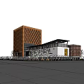 Modern Office Building With Orange Grid Facade White Exterior And Surrounding Trees Lawn