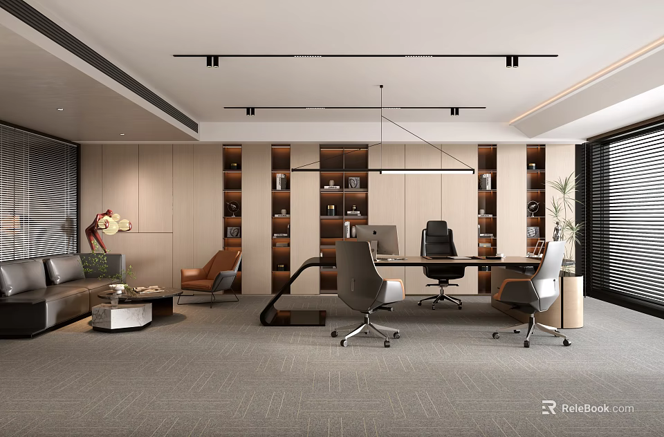 Modern Office Interior Design With Sofa Armchair Bookshelves Desk Office Chairs And Lighting 3d model 