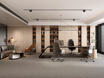 Modern Office Interior Design With Sofa Armchair Bookshelves Desk Office Chairs And Lighting 3d model