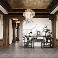 Traditional Chinese Dining and Living Room Interior Featuring Wooden Bookshelves TV Wall and Coffee Table