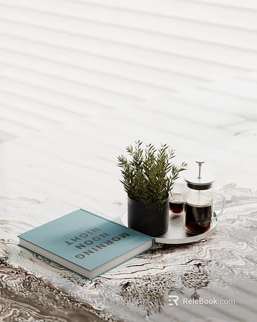 Stylish Decorative Ornament Set With Green Plant Glass Coffee Pot Tray And Book On Tabletop 3d model 