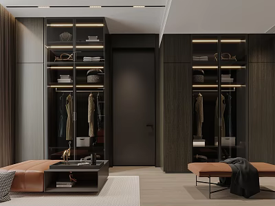 Modern Walk-in Closet With Dark Wooden Cabinets Hanging Areas Folding Shelves Bench And Decorative Items 3d model