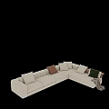 Beige Sectional Multi Person Sofa with Various Colored Cushions and Throw Blanket 3d model