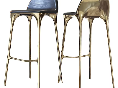 Stylish Modern Bar Stools With Blue Seats And Gold Metallic Legs 3d model