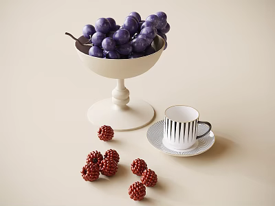 Decorative Ornament Set with White Pedestal Fruit Bowl Purple Grapes Striped Cup Saucer Red Raspberries 3d model