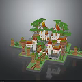 Ancient Castle Scene With Red Roofs White Buildings Towers And Green Trees