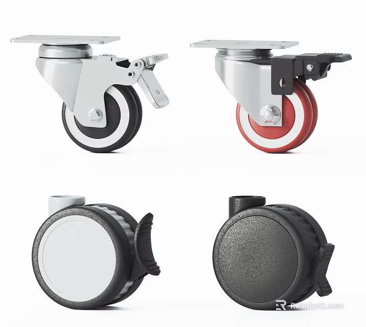 Assorted Caster Wheels With Black White Red Colors Brake Design And Various Styles 3d model 