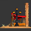 Cartoon Scene With Orange Building Red Awning Street Lamp Shelves Blackboard And Small Items