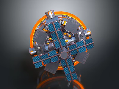 3D Model of Spacecraft with Blue Solar Panels Orange Ring and Metallic Structure Components 3d model