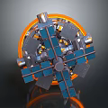 3D Model of Spacecraft with Blue Solar Panels Orange Ring and Metallic Structure Components