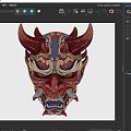 Horned Mythical Demon Mask Featuring Intricate Gold Red Patterns And Fierce Tusked Expression