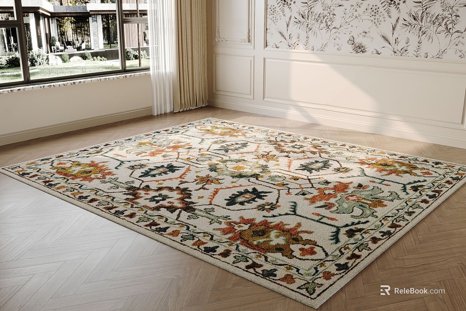 Square Area Rug With Vibrant Floral Pattern On Wooden Floor In Bright Room 3d model 