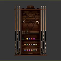 Elegant Wooden Pool Cue Rack With Horseshoes And Billiard Balls Storage