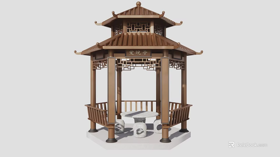 Chinese Traditional Pavilion With Wooden Structure Carved Design And Stone Table Seating 3d model 