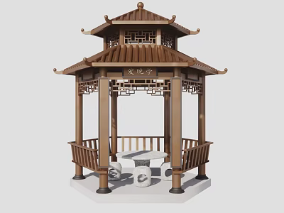 Chinese Traditional Pavilion With Wooden Structure Carved Design And Stone Table Seating 3d model