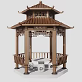 Chinese Traditional Pavilion With Wooden Structure Carved Design And Stone Table Seating