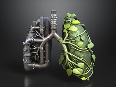 Metal Pipe Lung and Vine Covered Lung 3D Model with Dark Background 3d model