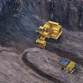 Yellow Heavy Duty Functional Vehicles Excavator and Dump Truck Operating at Mining Site Rocky Terrain