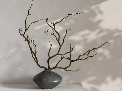 Elegant Gray Vase With Golden Twisted Branches On White Table Light Colored Wall With Light And Shadow 3d model