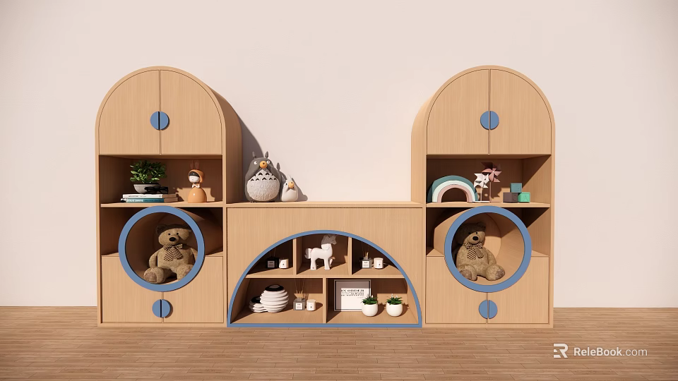 Wooden Children's Storage Cabinet With Arched Design Blue Accents And Stuffed Toys 3d model 