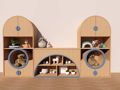 Wooden Children's Storage Cabinet With Arched Design Blue Accents And Stuffed Toys 3d model