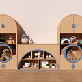 Wooden Children's Storage Cabinet With Arched Design Blue Accents And Stuffed Toys